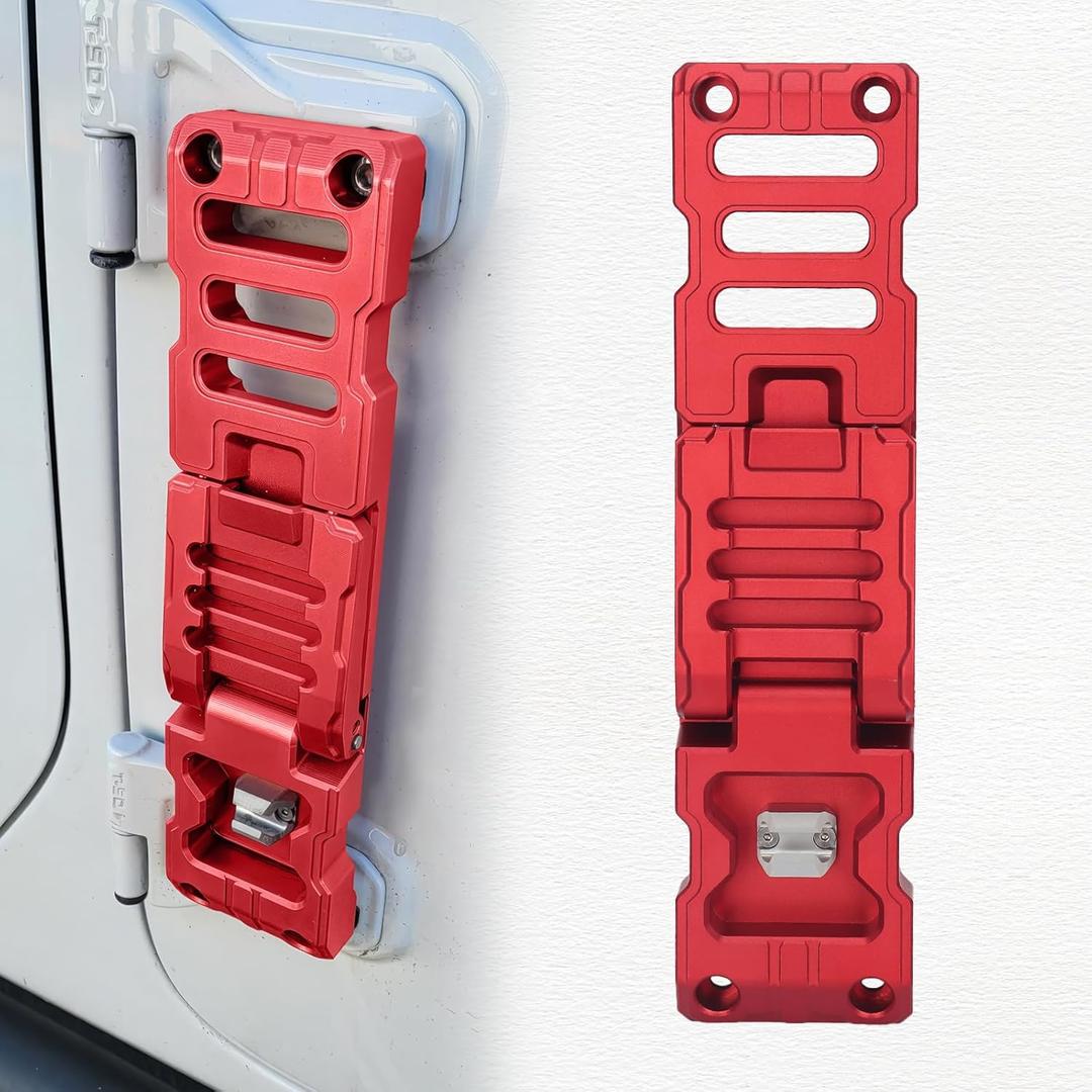 Side Door Hinge Foot Step Compatible with 2007-2024 Jeep Wrangler JK JKU JL JLU & Gladiator JT, Aluminum Alloy Folding Foot Pedal, Door Hinge Step with Bottle Opener 1 Pack (Red)