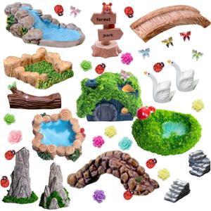 U-Zimikee 45 Pcs Resin Mini Garden Accessories - Miniature Landscape Decorations with Mini Bridge Pond Mountain House Figurines Swan Ladybug Butterfly Flower Figures Bulk for Dollhouse Garden Craft