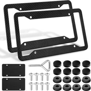 Carbon Fiber License Plate Frames- Black Carbon Pattern Aluminum Front & Rear Car Tag Holder Cover 2 Pack, for Men/Women, with Mount Hardware, Screws, Caps, Screwdriver, Rattle Proof Pads by XIOGZAXI