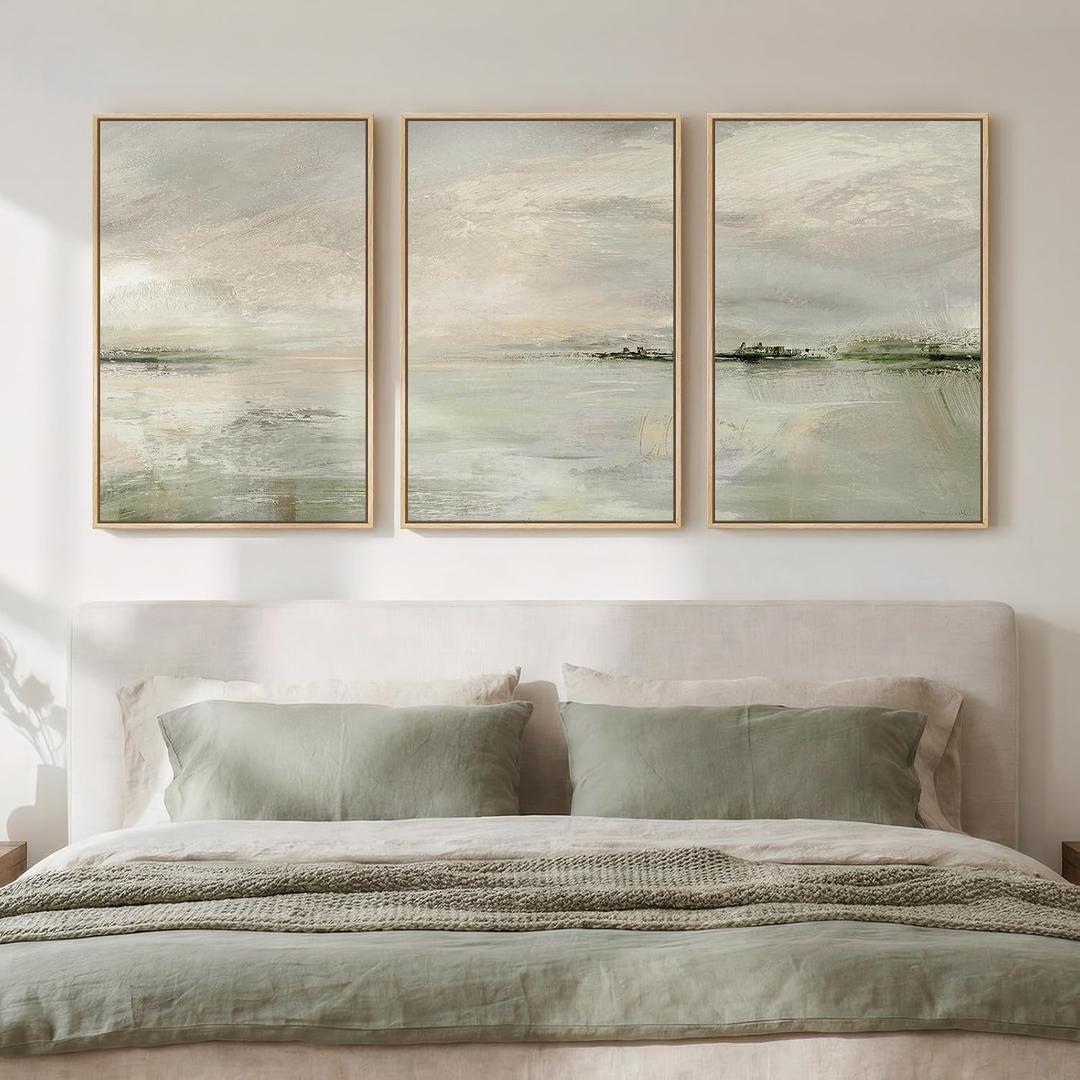 Framed Sage Green Abstract Landscape Wall Art for Bedroom, 3 Piece Modern Canvas Prints Paintings Artwork for Walls, Minimalist Nature Pictures for Living Room Dining Room Hallway Wall Decor 16x24 In, 16" W X 24" H X 3pcs