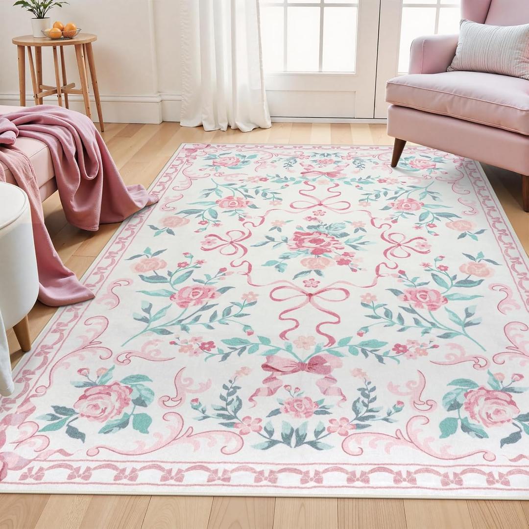 Collive Pink Rugs for Bedroom Girls, 4x6 Floral Washable Area Rug Non Slip, Soft Indoor Decor Elegant Carpet for Kids Room Nursery Living Room Dining Room (Pink 4' x 6') (4' x 6' (Rectangular), Pink / Multi)