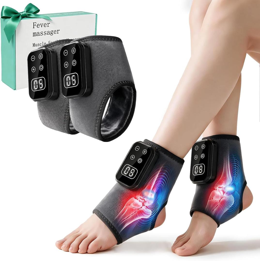 Foot Renew Massager for Neuropathy,4-in-1 Cordless & Portable Foot and Ankle Massager for Heel Warming Heating Pad Heated Brace Wrap with 5 Vibration Modes,4 Heat Levels,Portable for Home,2pcs,Grey