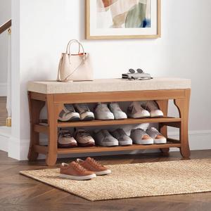 PETKABOO 27.6" Shoe Storage Bench with Cushion, Bamboo Shoe Rack Bench, 2-Tier Entryway Shoe Organizer, Supports up to 350 LB, for Hallway, Bedroom, Closet, Living Room