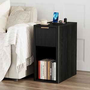 Homleke Narrow End Table with Fluted Drawer & Charging Station
Compact Nightstand with USB Ports & AC Outlets, Space-Saving, Thickened Side Panels, Bedroom & Living Room, Black