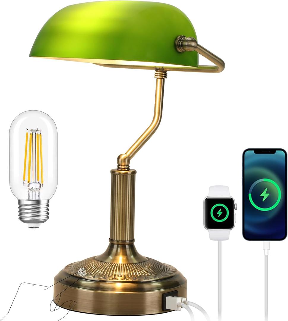 Bankers Lamp with USB & Type C Charging Ports, Touch Control Green Glass Desk Lamp, 3-Way Dimmable Vintage Table Lamps for Home Office, Library, LED Bulb Included (Touch Switch) (Antique Brass 1)
