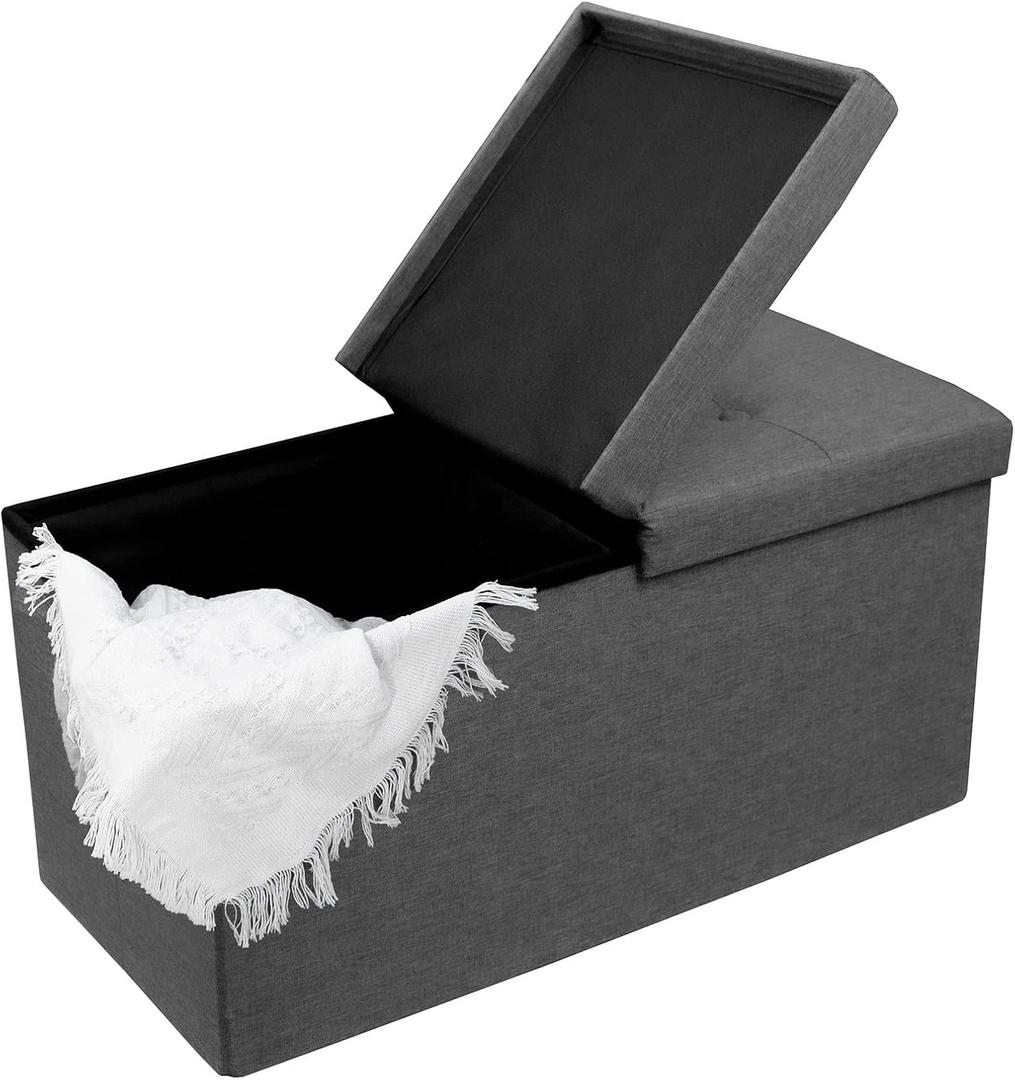 CAROLMADE 30 Inches Storage Ottoman Bench with Flipping Lid, Linen Foldable Storage Footrest, Ottoman with Storage for Living Room Holds up to 330lbs, Dark Grey, 30"D x 15"W x 15"H