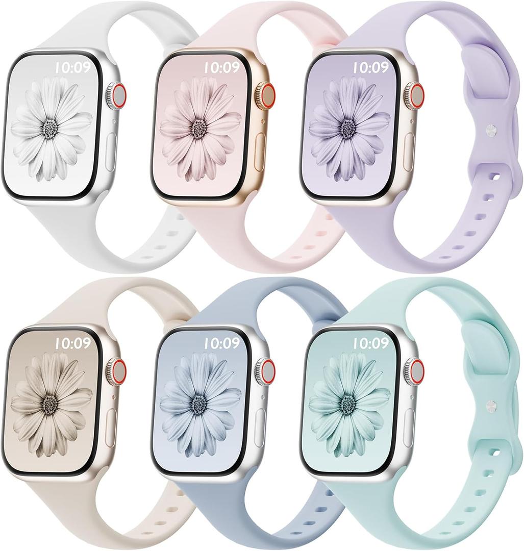 6 Pack Thin Bands Compatible with Apple Watch Band 44mm 45mm 46mm 49mm Women Men, Sport Silicone Strap Slim Wristband for iWatch Series 11 10 9 8 SE 7 6 5 4 3 2 1 Ultra (White/Sand Pink/Purple Fog/Starlight/Sky/Seafoam)