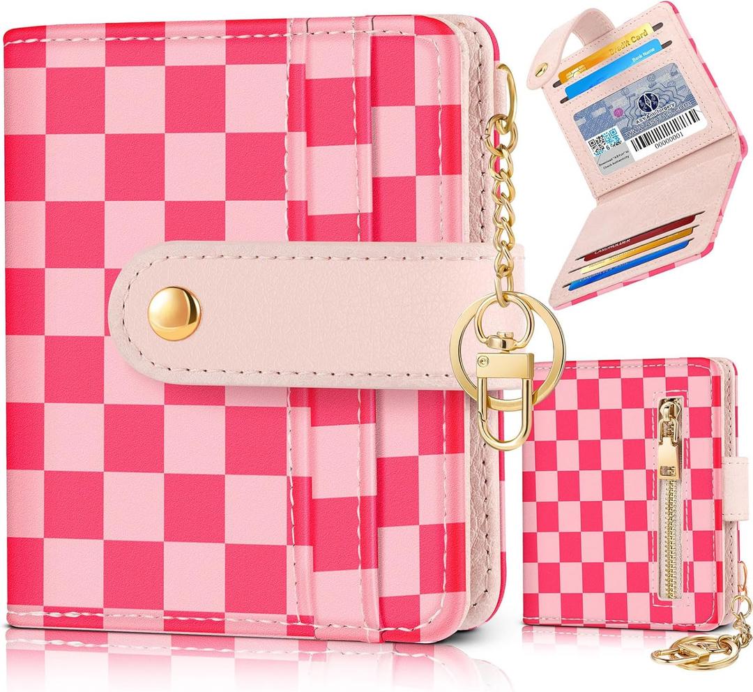 Bistup Wallet for Women Cute Bifold Small Card Wallet Rfid with Keychain for Ladies Teen Girls Female Medium Girly Aesthetic Thin Slim Checkered Plaid Unique Pretty Leather Credit Card Holder Purse