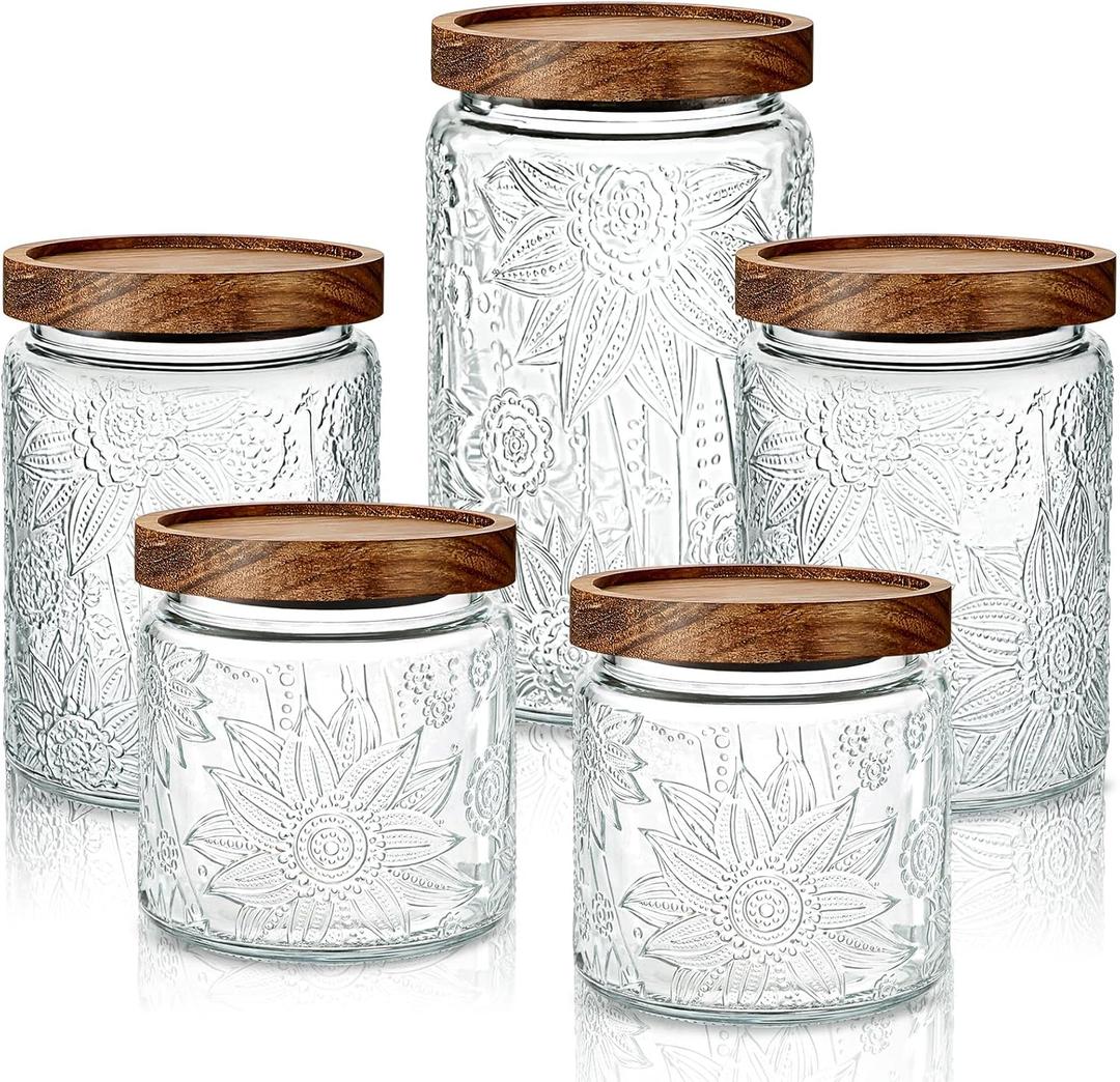 Gerrii 5 Pcs Vintage Glass Food Storage Containers 17/24/34 oz Glass Jar with Lid Airtight Candy Food Canisters for Kitchen Counter Pantry Coffee Beans(Clear,Sunflower Round)
