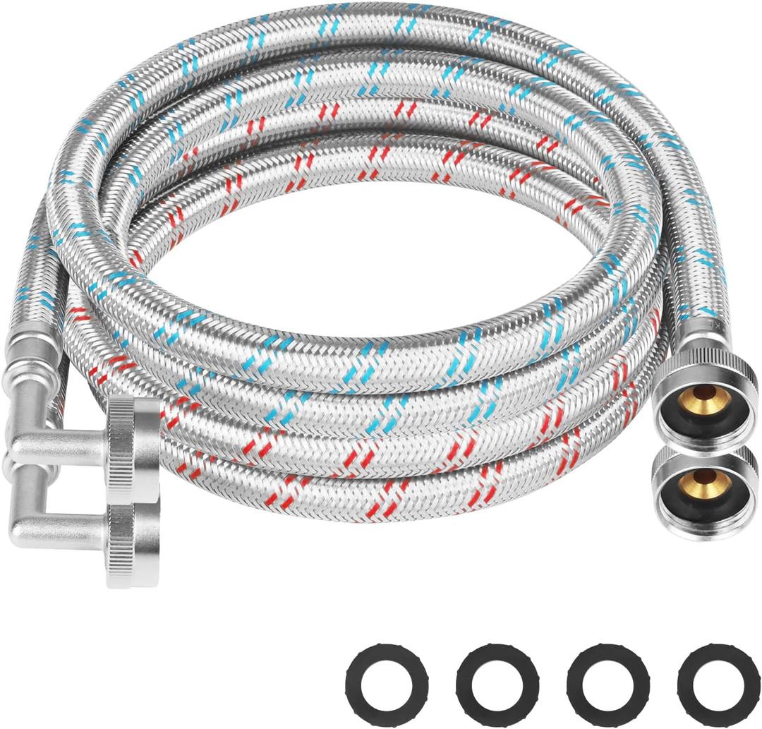 Stainless Steel Washing Machine Hoses With 90 Degree 8FT Elbow Universal Fit to All Hot and Cold Water Supply for Washing Machines (2 Pack) -5 Years Quality Assurance