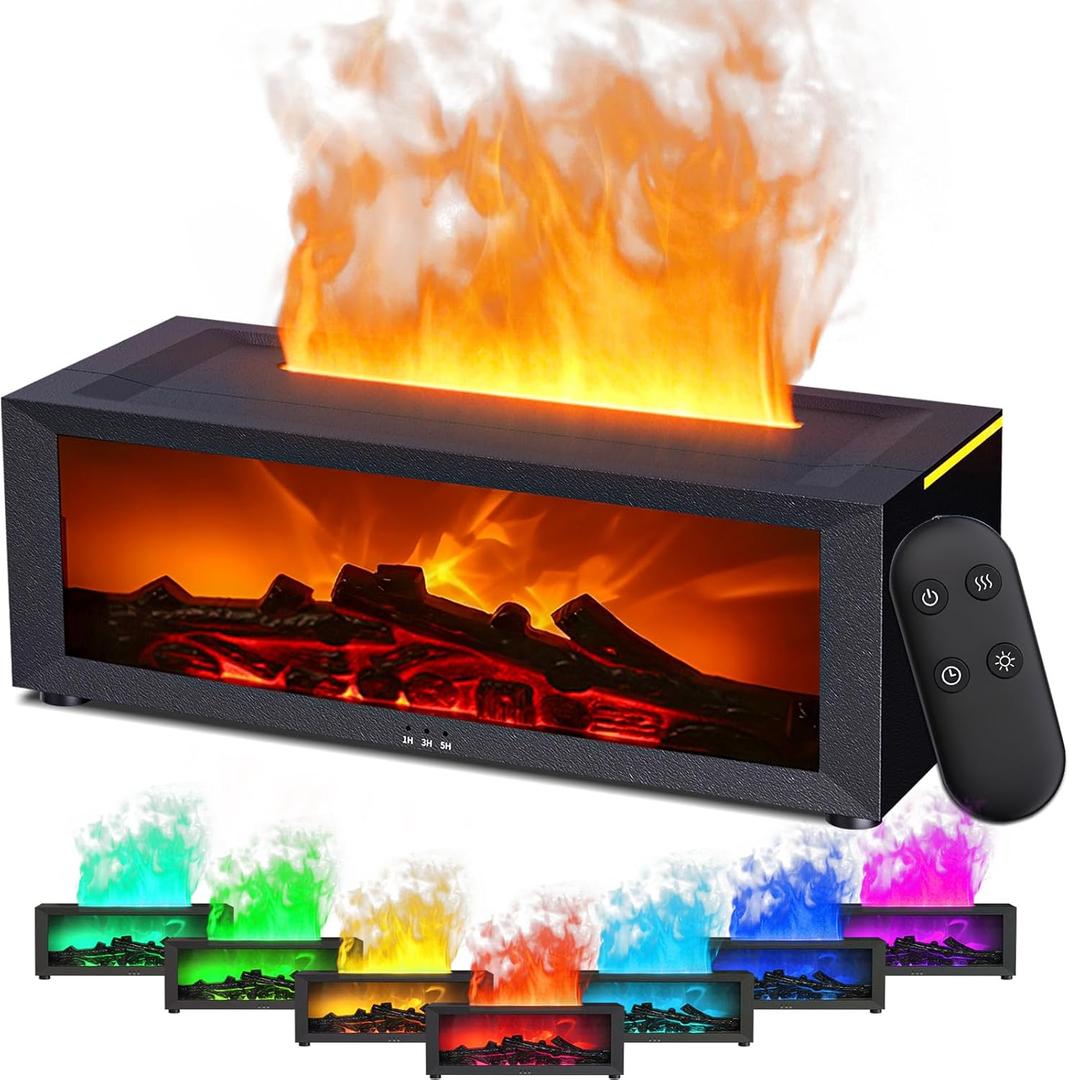 Fireplace Essential Oil Diffuser, Aromatherapy Diffuser, 150ml Ultrasonic Cool Mist Humidifier, 7 Colors Firelight Flame Diffusers with Remote, Waterless Auto-Off & Timer for Home Office(Black)
