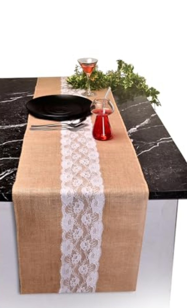 Burlap Lace Table Runner (Pack of 1) – 12”x 30” - No-Fray Finished Edge Natural Table Runner – No Odor, Eco-Friendly Burlap Runner - Perfect for Christmas, Wedding, Thanksgiving