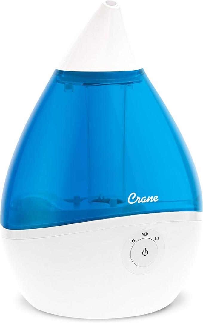 Crane Droplet Ultrasonic Teardrop Cool Mist Air Humidifier, 0.5 Gallon for Bedroom and Office, Blue and White, Nursery Humidifier