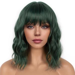Dark Green Short Bob Wigs with Bangs for Women Loose Wavy Wig Curly Wavy Shoulder Length Bob Synthetic Cosplay Wig for Girl Colorful Costume Wigs
