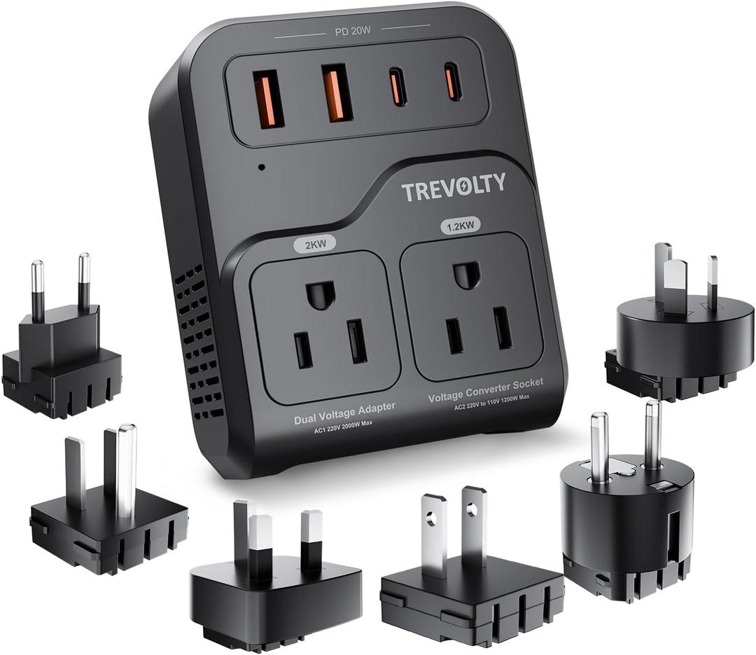 2000W Voltage Converter US to Europe, 220V to 110V Converter for Hair Dryer, 7-in-1 European Travel Plug Adapter with 3AC/2USB-A/2USB-C (PD20W), Travel Essentials (Black) (Black)