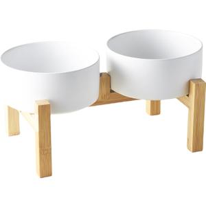 Raised Ceramic Dog Bowl Set - Elevated Dog Bowls with Non Slip Bamboo Stand, Food and Water Bowl Set for Small and Medium Breed Dogs, Pet Bowls, Weighted Dogs Dishes (6'', 2 * 30OZ, White)