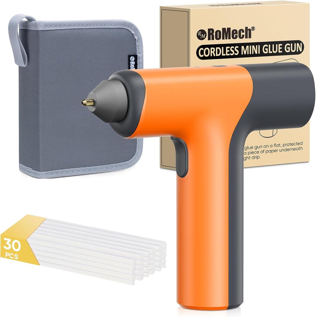 ROMECH Cordless Hot Glue Gun, Auto Dispensing Craft Glue Gun with 30 Pcs Glue Sticks, 3Ah Type-C Rechargeable Glue Gun Kit with Storage Case (Orange)