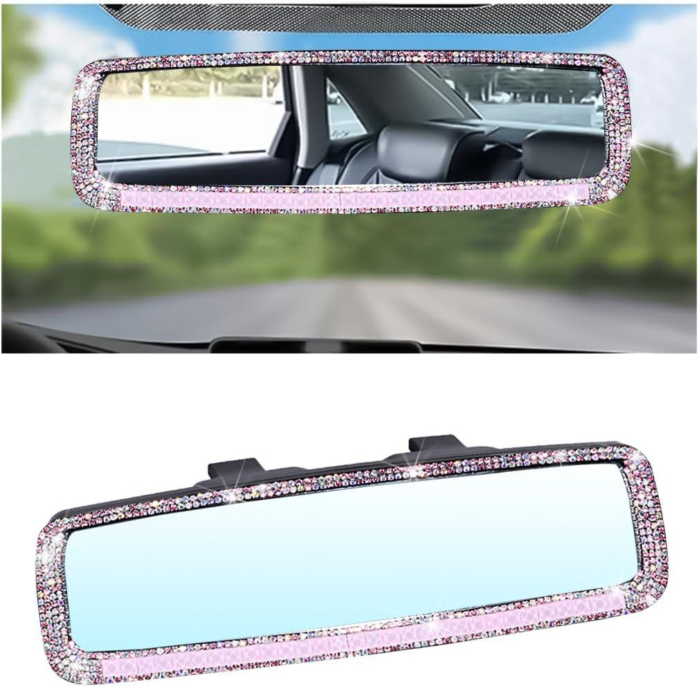 Bling Car Rearview Mirror, Decorations Rear View Mirror with Crystal Rhinestones & Diamonds, Car Interior Trim Accessories, Clip-on & HD Glass, Sparkly Gift (Pink)