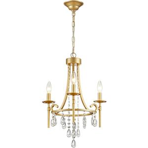 Small Crystal Chandelier, 3-Lights Modern Crystal Chandeliers for Dinning Room, Wagon Wheel Gold Chandelier, Farmhouse Hanging Pendant Light Fixture for Bedroom Hallway Entryway Bar Kitchen Bathroom