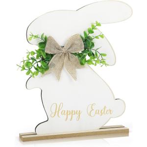 Easter Bunny Wooden Sign, Happy Easter Tabletop Centerpieces Decor in Door, Wood Farmhouse Vintage Bunny Easter Decorations, Retro White Rabbit with Rustic Bow Flower Table Signs Decor for Home Party (Large Sign)
