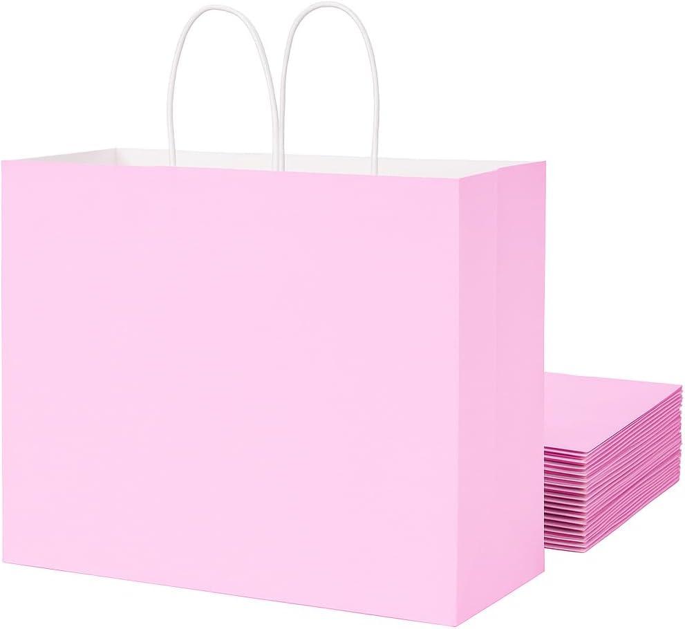 SUNCOLOR Paper Gift Bags with Handles, Pink, 13x10x5.5 Inch, Large Size, 25 Pack, for Birthday, Wedding, Shopping