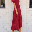 PRETTYGARDEN Women's 2025 Summer Casual Midi Dresses Square Neck Short Sleeve Smocked A Line Floral Flowy Elegant Boho Dress (Red, S)