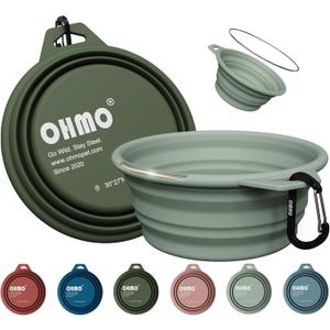 OHMO Collapsible Dog Water Bowls w/Built-in Stainless Steel Ring 2pcs Large 27oz/800ml Portable Silicone Pet Feeding Bowl for Hiking, Camping, Travel