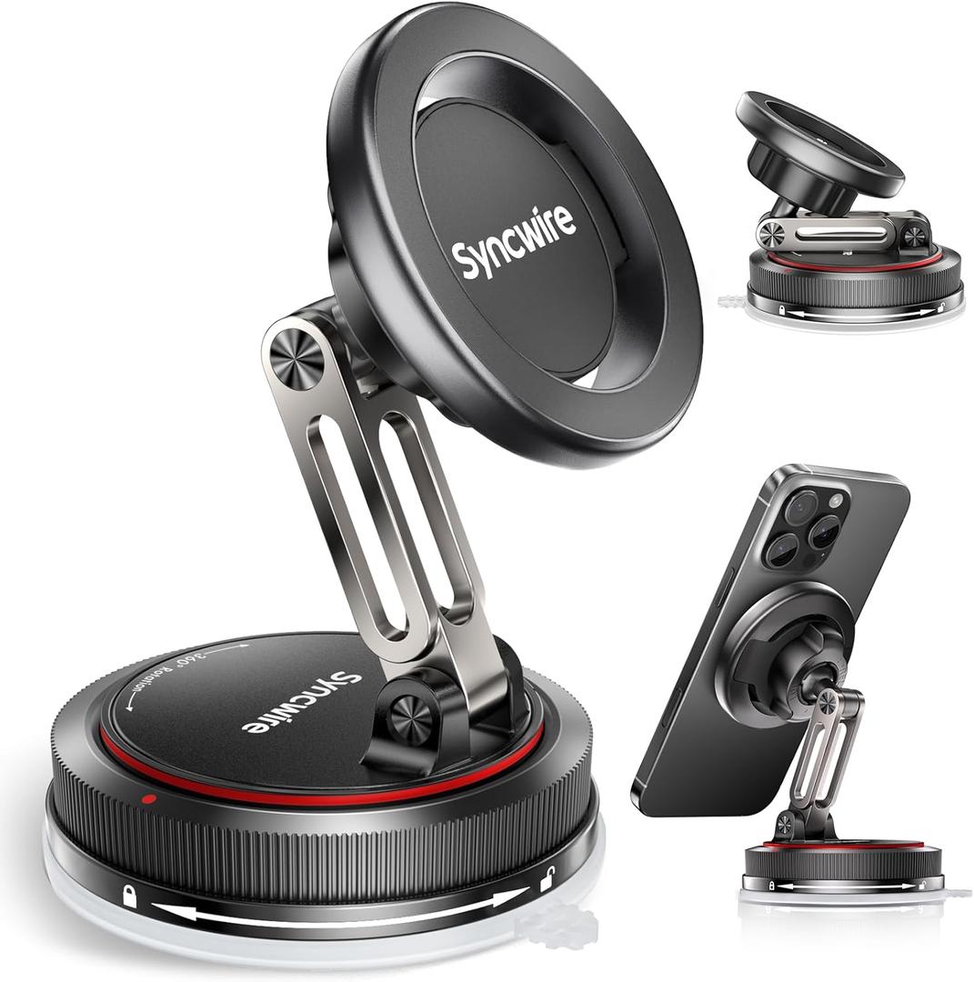 SYNCWIRE for MagSafe Car Mount [2-Axis Design] Nano Adhesive Gel + Suction Cup Magnetic Phone Holder for Dashboard & Windshield, 360 Adjustable for iPhone 17 16 15 14 13 12 11, Samsung, Matte Black