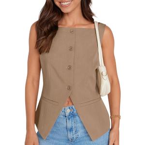 UEU Womens Vest Top 4 Button Sleeveless Boat Neck Fully Lined 2025 Trendy Dressy Business Work Blazer Suit Waistcoat (Large, Camel)