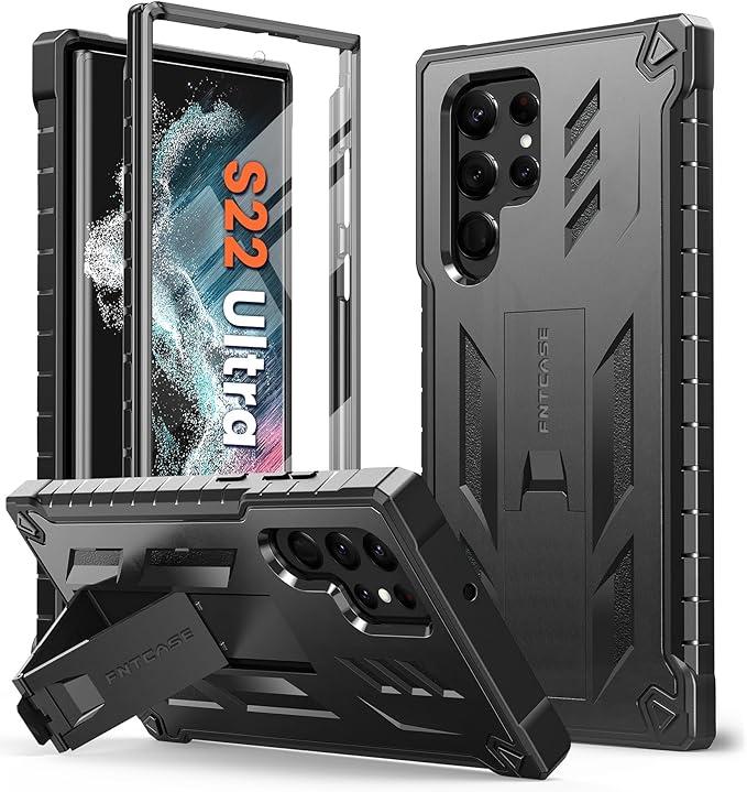 FNTCASE for Samsung Galaxy S22 Ultra Case: Builtin Screen Protector & Kickstand & BeltClip Holster, FullBody Dual Layer Rugged Heavy Duty Shockproof Protective Phone CoverBlack