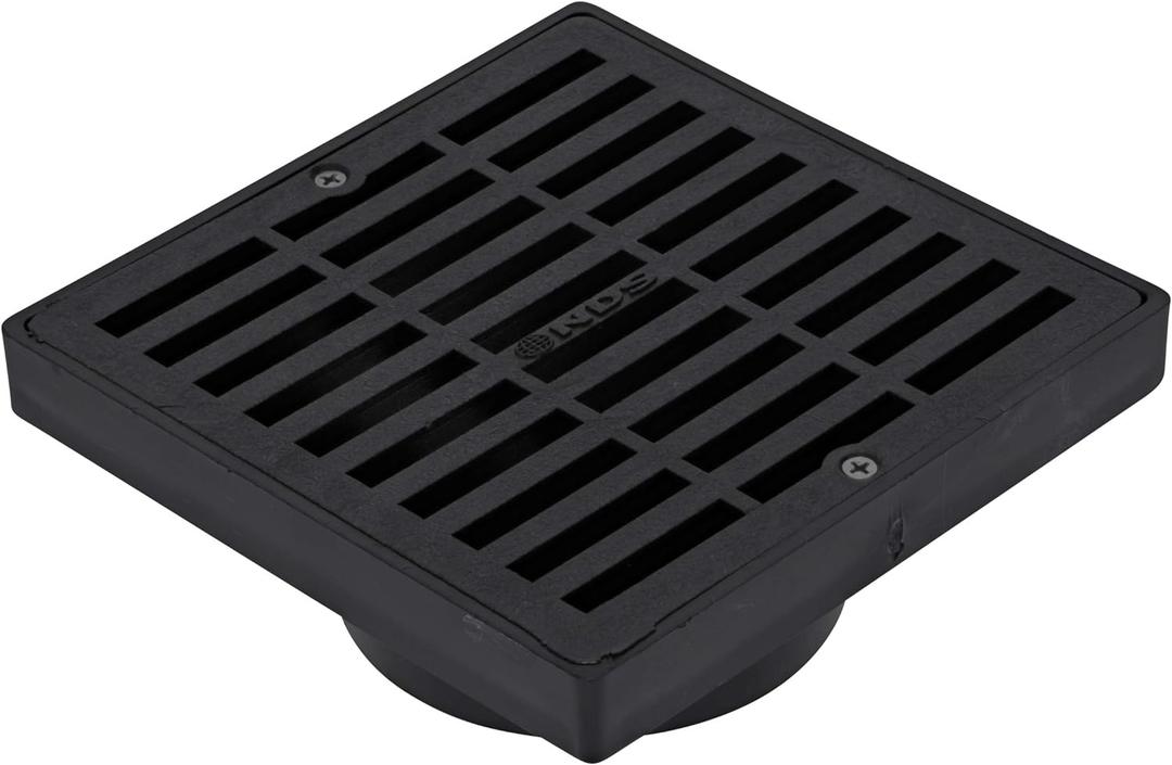 NDS 640 6-Inch Square Grate with Low-Profile Adapter Drain, Connects to 3-Inch and 4-Inch Drain Pipes and Fittings, for Small Lawns, Landscaping and Patios, Plastic, Black