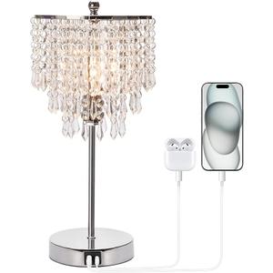 Touch Control Crystal Table Lamp with USB C+A Charging Ports, 3Way Dimmable Bedside Touch Lamp Decorative Nightstand Lamp with Elegant Lampshade for Living Room Bedroom, B11 LED Bulb Included