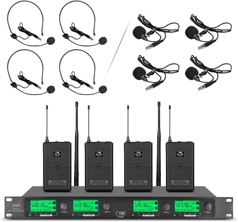 Wireless Microphone System Pro UHF 4 Channel 4 Lavalier Bodypacks 4 Lapel Mic 4 Headsets for Karaoke System Church Speaking Conference Wedding Party