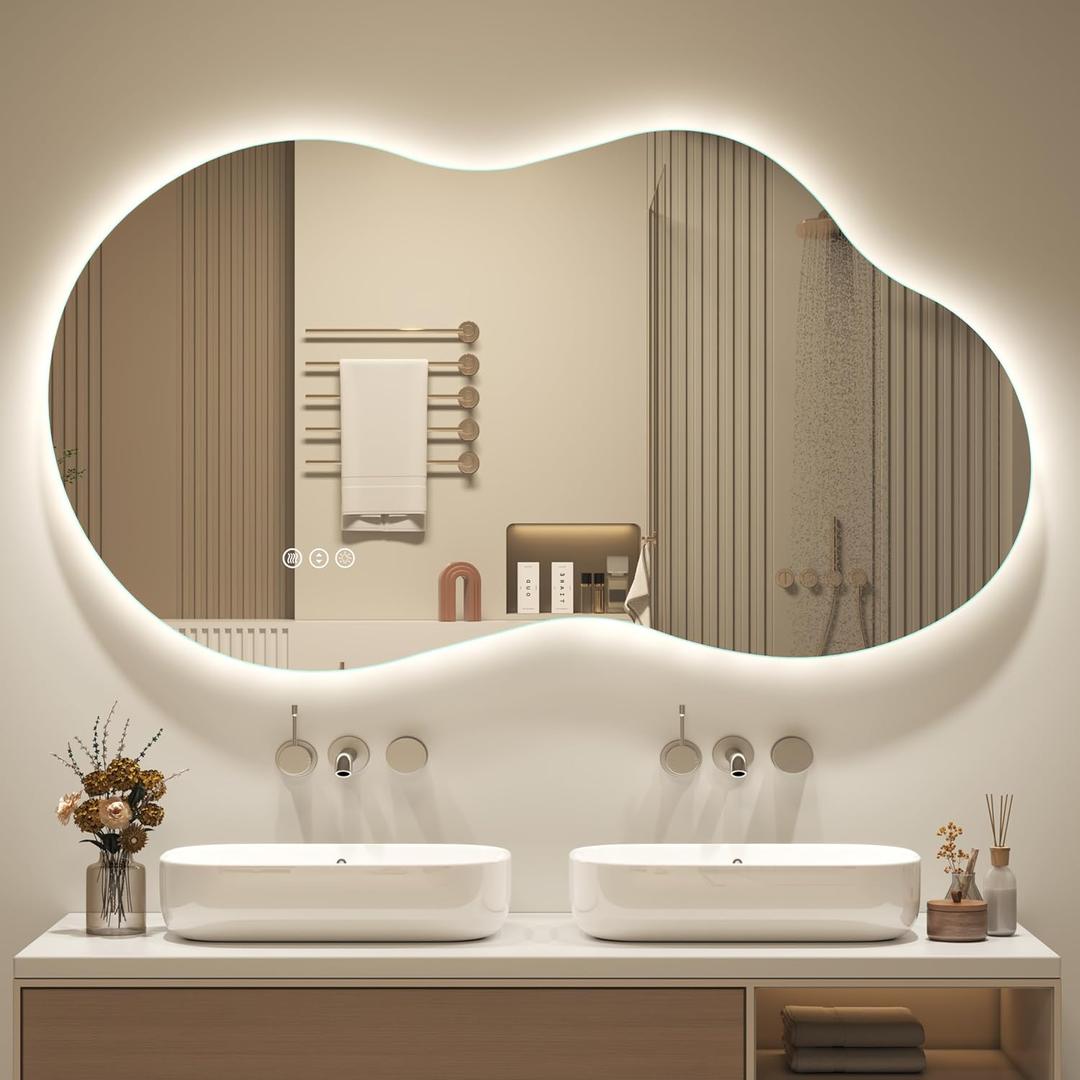 OKPAL Irregular Backlit Bathroom Mirror with Lights 48 x 26, Asymmetrical Cloud Led Lighted Vanity Mirror for Wall, Anit-Fog, Dimmable, Memory Function (Horizontal/Vertical)