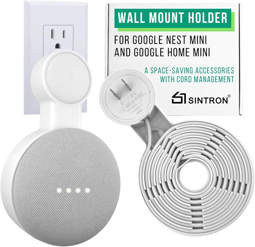 Sintron Outlet Wall Mount Holder for Google Nest Mini and Google Home Mini, A Space-Saving Accessories with Cord Management for Google Smart Speakers 1st Gen. and 2nd Gen., No Messy Wires or Screws. (White)