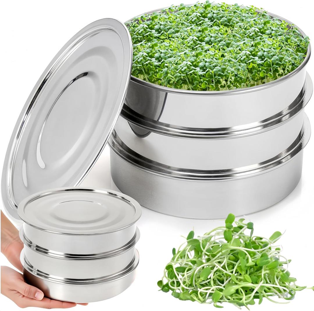 Tlence 9" Stackable Stainless Steel Seed Sprouting Kit, 3-Tier Mesh Germination Tray, Seed Sprout Grower with Lid Base, Microgreens Propagator for Beans Peas Broccoli Wheat Grass, Soil Free