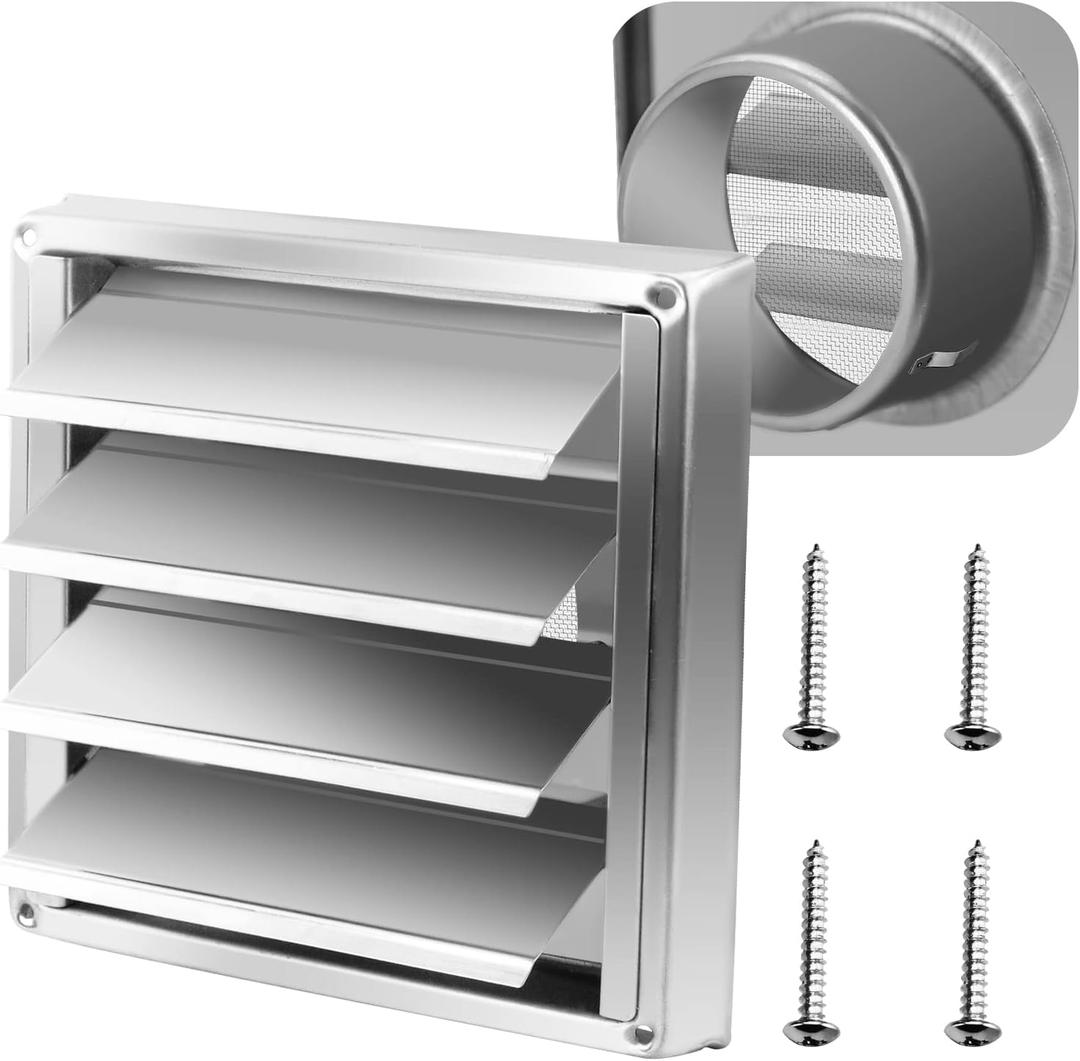 Funmit 4'' Metal Dryer Vent Cover with Metal Mesh Screen, 7"x7" Outdoor Stainless Steel Louvered Vent Cover Includes 4 Screw for Easy Installation