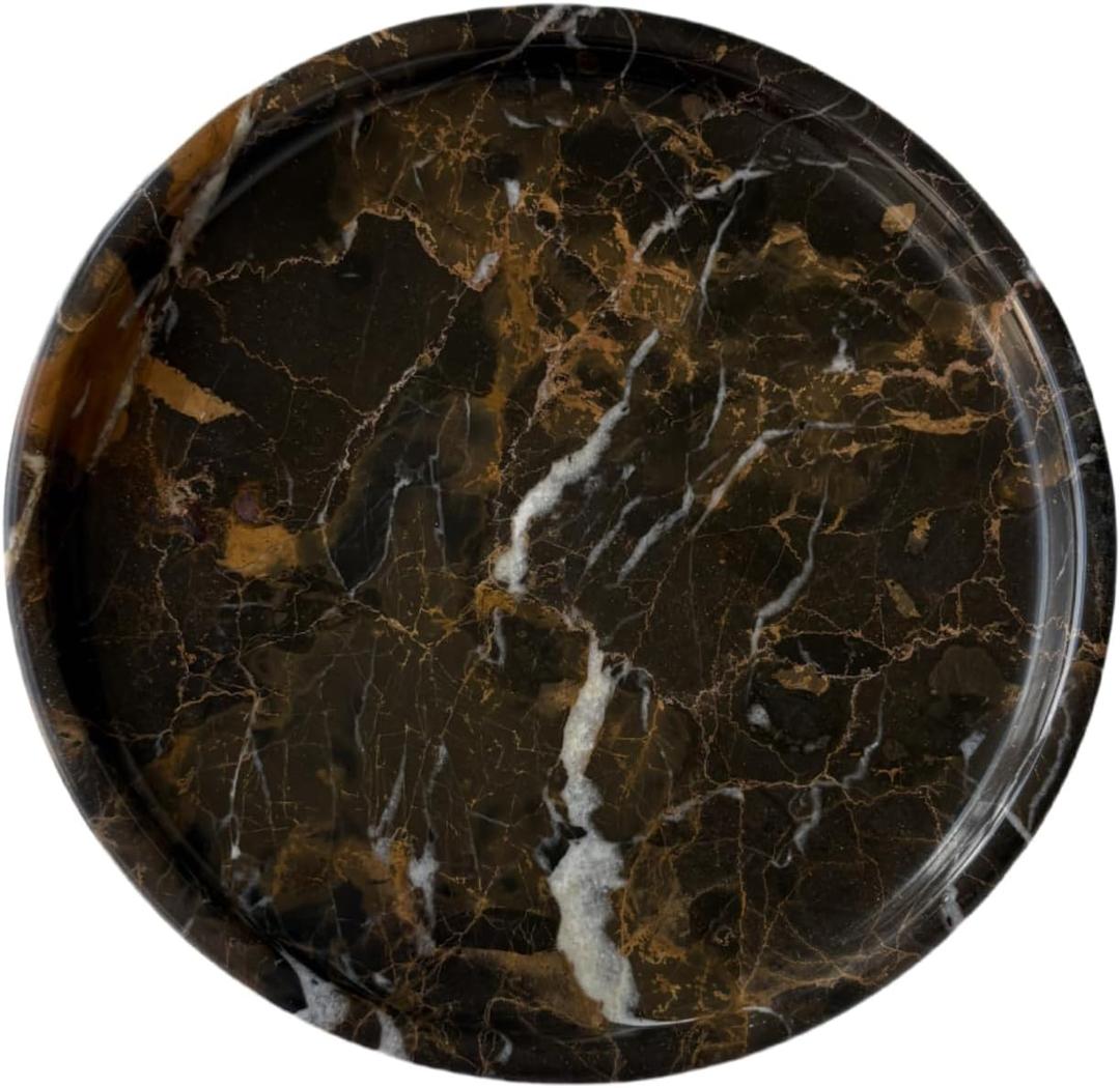 Natural Marble Stone Carving 7.9 inches Round Small Tray Jewelry Trinkets Sundries Storage Dish (Black Brown)