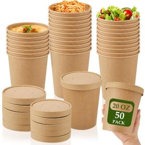 Sabary 50 Pack 20 oz Paper Soup Containers with Lid Disposable Kraft Soup Food Bowl Microwavable Food Storage Ice Cream Containers Nice for Restaurants(Brown)