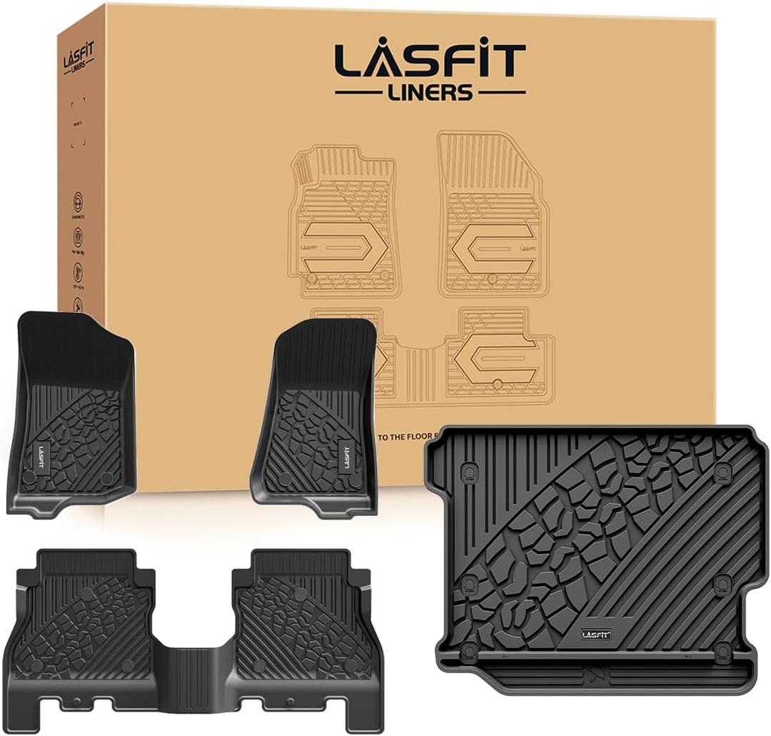 LASFIT Floor Mats & Trunk Mat for Jeep Wrangler JL 2018-2025 2026 4 Door Cargo Without SUBWOOFER (Not for JK/Not PHEV/Not 2-Door), All Weather TPE Custom Cargo Mat Fit for Flat Load Floor Gas Type