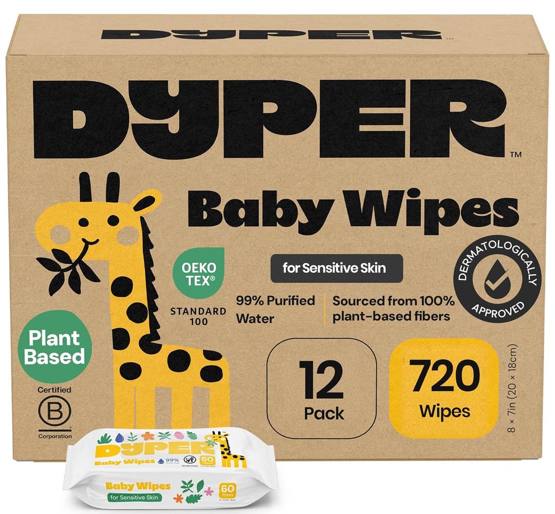 DYPER Baby Wipes Unscented (720 Count) | Fragrance Free, Hypoallergenic Baby Wipes for Sensitive Skin | 99% Purified Water, Plant-Based, Dermatologist Tested | Plastic-Free Wet Wipes, 12 Pack, EXP Date: 06/23/27