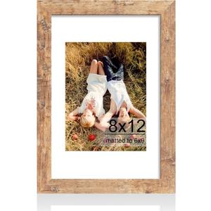 iRahmen 8x12 Picture Frame with HD Tempered Glass, Display Pictures 6x9 with Mat or 8 x 12 Without Mat, Wood Photo Frame for Tabletop and Wall (Rustic Brown, 1 Pack)