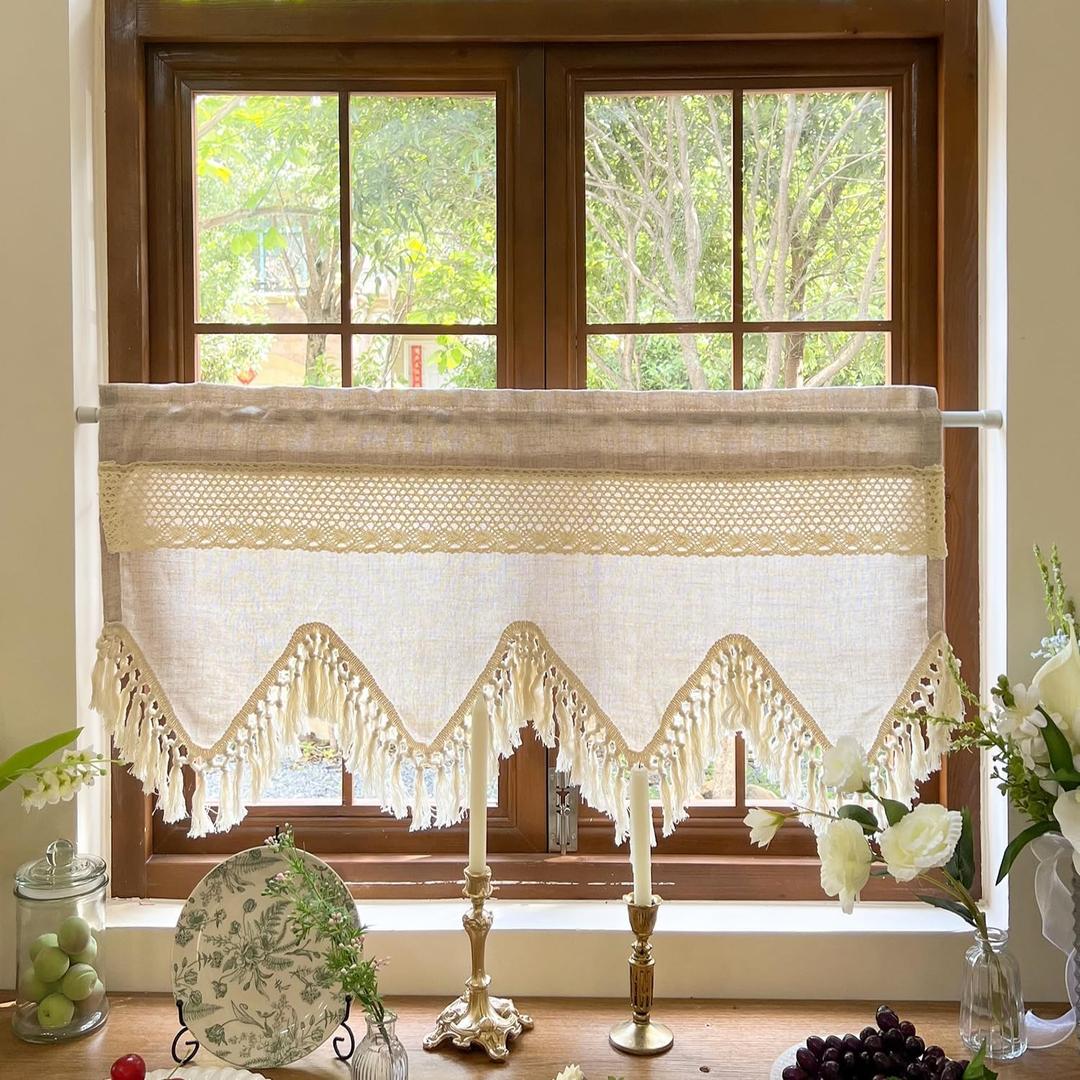 Boho Crochet Lace Valances for Windows Kitchen Macrame Linen Sheer Valances with Tassels Vintage Farmhouse Beige Rustic Crochet Valance for Cafe Dining Room Rod Pocket 1 Panel (Beige,W39 L18 inch)