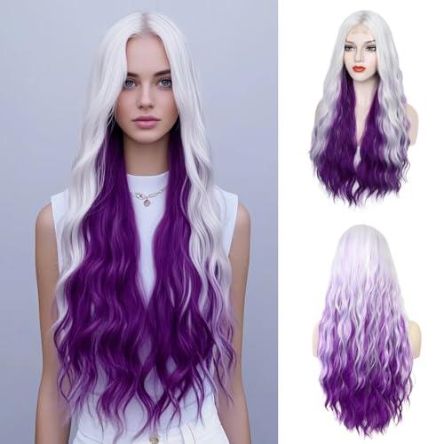 WECAN Silver Grey to Purple Wig 28 Inches Long Sliver to Purple Wavy Wigs For Women Synthetic Hair Replacement Wigs Halloween Cosplay Daily Party Heat-Resistant Fiber Wig