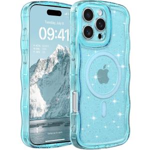 FABSPARK Case for iPhone 16 Pro Max,Compatible with MagSafe,Magnetic Clear Curly Wavy Frame Wave Case with Sparkly Bling Glitter,Transparent Acrylic Hard PC for iPhone 16 Pro Max,Glitter Clear Blue