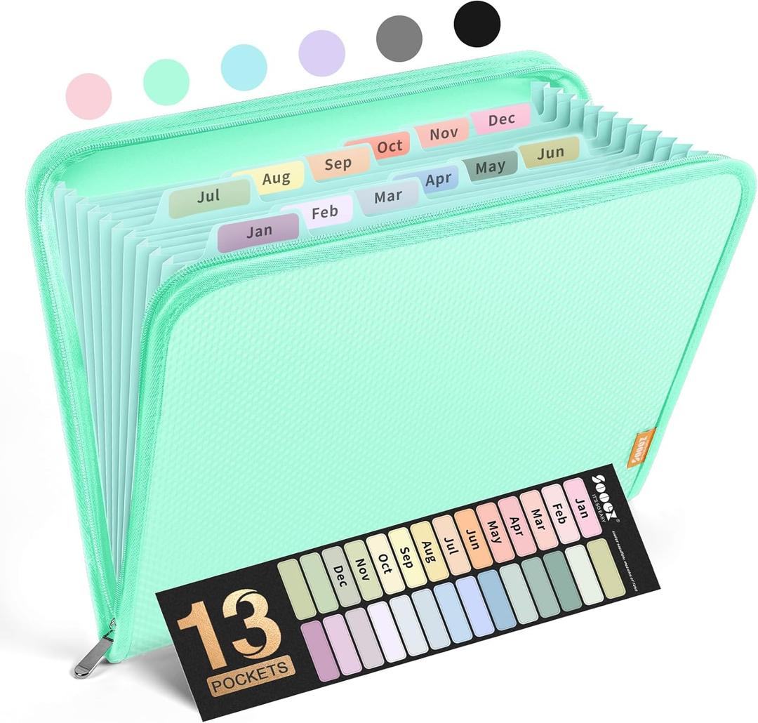 Sooez 13 Pocket Accordion File Organizer, Zipper Expanding File Folder Organizer, Reinforced Plastic Accordion Folder, A4 Letter Size, Portable Folders for Documents, Green