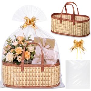 Reallnaive 1 Sets Empty Gift Baskets to Fill Large Bamboo Woven Baskets with Handles 15.8 x 7.9 x 6.3 inch Includes Clear Wrap Bags and Bows for Raffle, Baby Shower, Graduation,Wedding