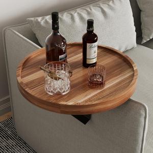 Acacia Wood Couch Arm Tray Table,11.8 Inch Adjustable Round Sofa Arm Tray,Wooden Armrest Table for Couches,Arm Chair Companion for Eating