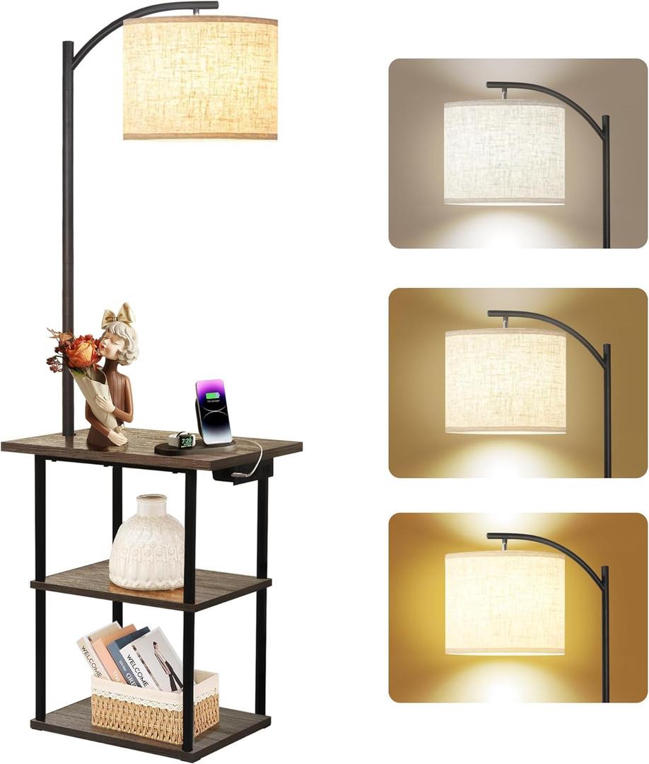 PESRAE Floor Lamp with Table, End Table with Charging Station(USB & Type-C & AC Port), 3 Color Temperatures 9W LED Bulb, Modern Shelves Side Table for Office, Living Room (Vintage Grey)