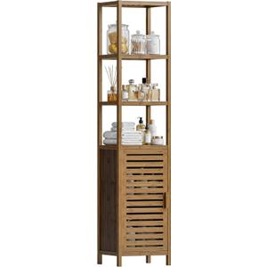 Bathroom Cabinet, Bamboo Floor Cabinet Freestanding Narrow Storage Unit with Removable Shelves, 6 Tier Tall Cabinet, Walnut, 13.42"W x 12.99"D x 66.53"H